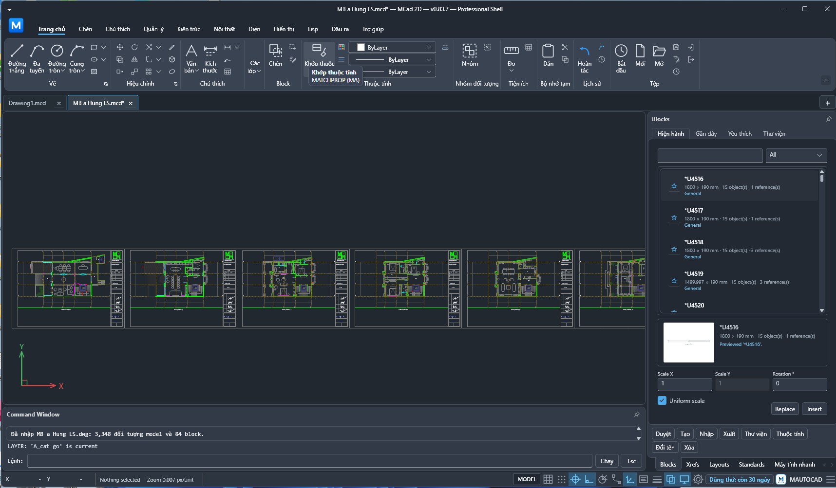 Giao diện MCad 2D: ribbon tiếng Việt, nhiều mặt bằng nhà phố mở từ file DWG, bảng Blocks, dòng lệnh và thanh trạng thái